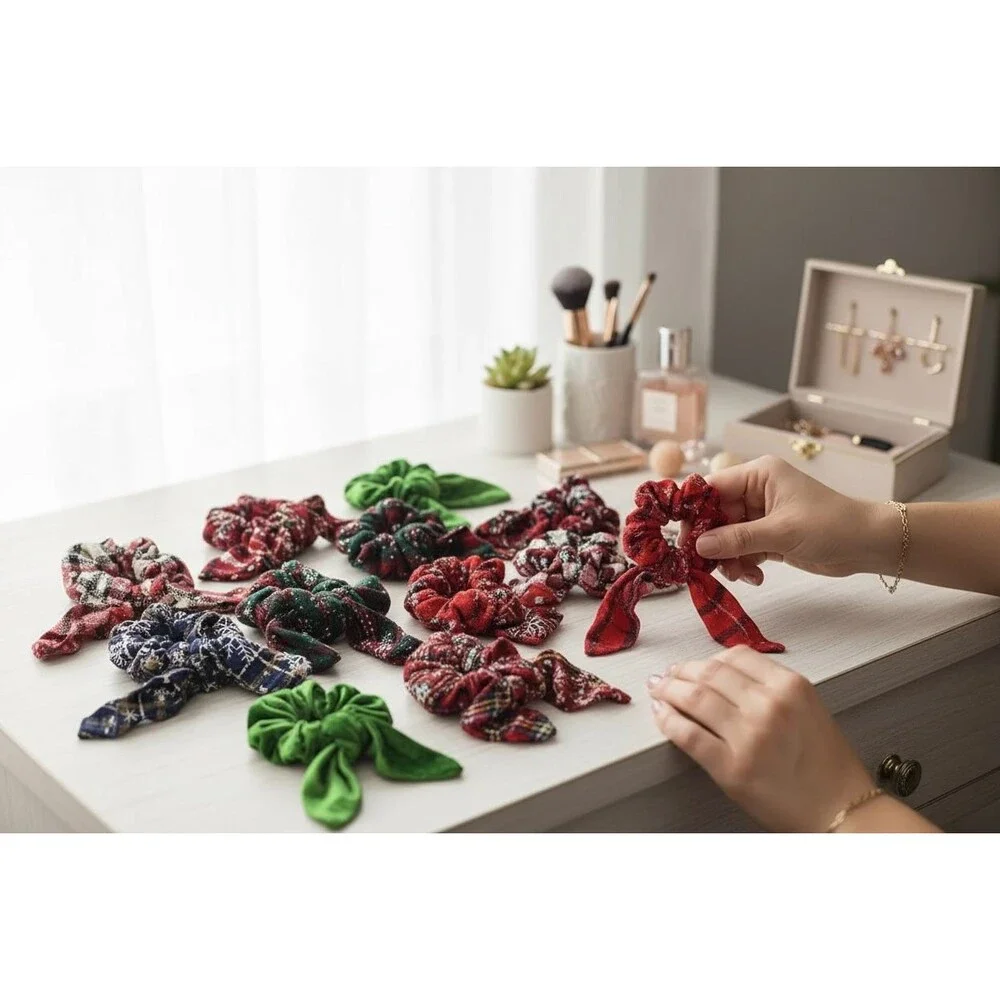 Set of 16 Holiday Hair Scrunchies Plaid Rabbit Ears Knotted Christmas Hair Ties